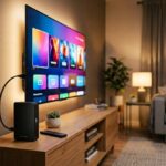 Тренды видеонаблюдения и систем безопасности в 2026 году Android TV приставка на тумбе под 4K-телевизором