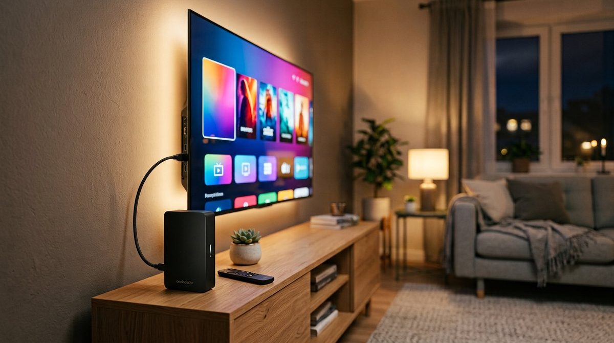 Android TV приставка на тумбе под 4K-телевизором