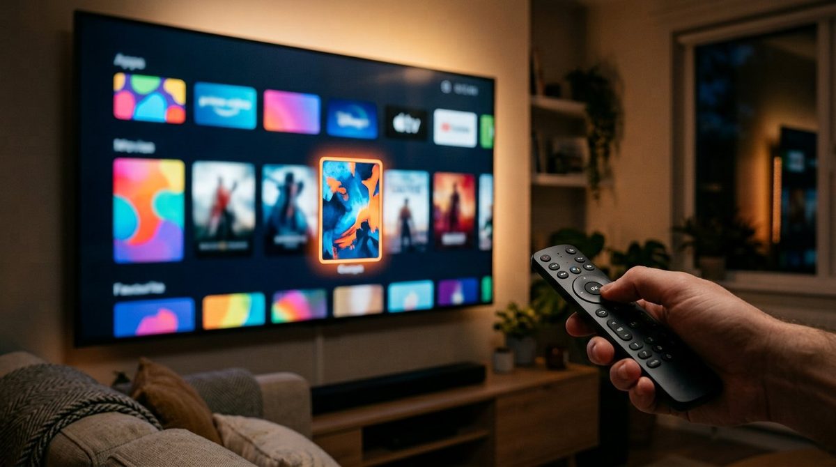 Интерфейс Android TV на экране телевизора с пультом в руке