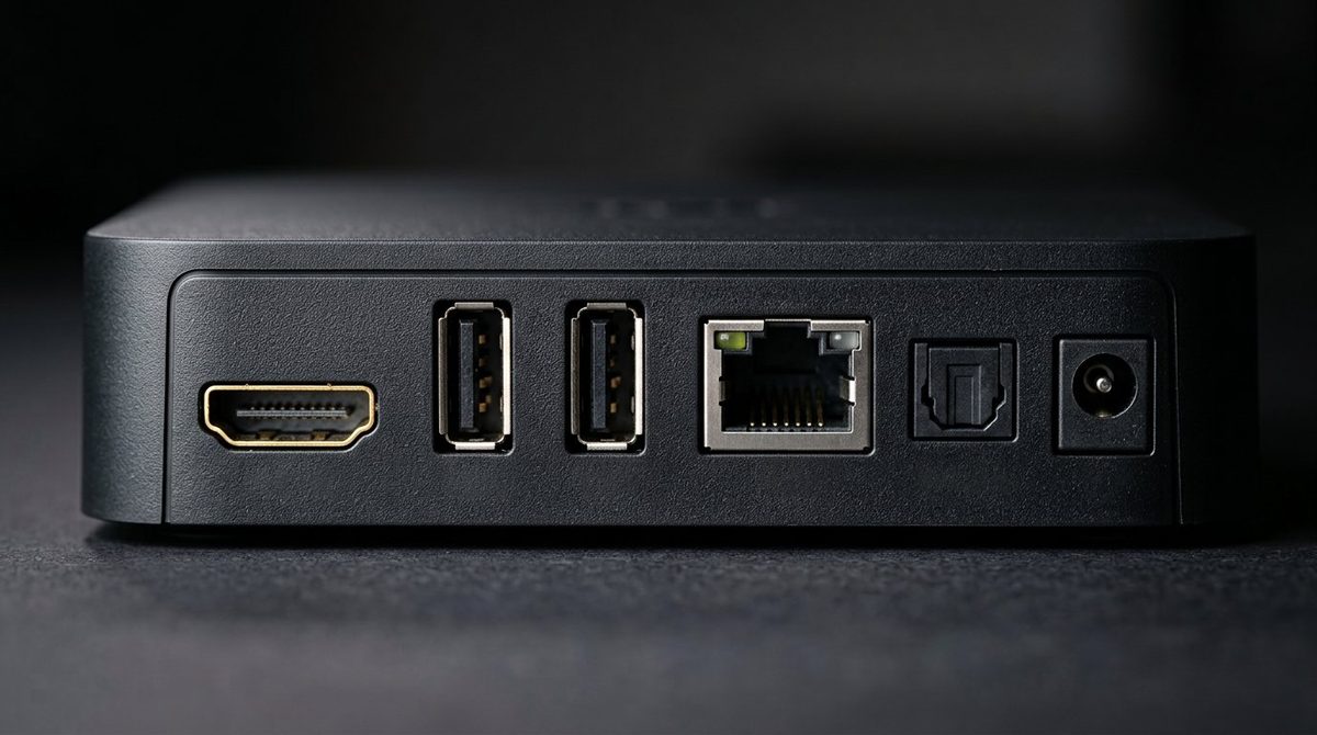 Тыльная панель Android TV приставки с портами HDMI, USB, LAN и S/PDIF