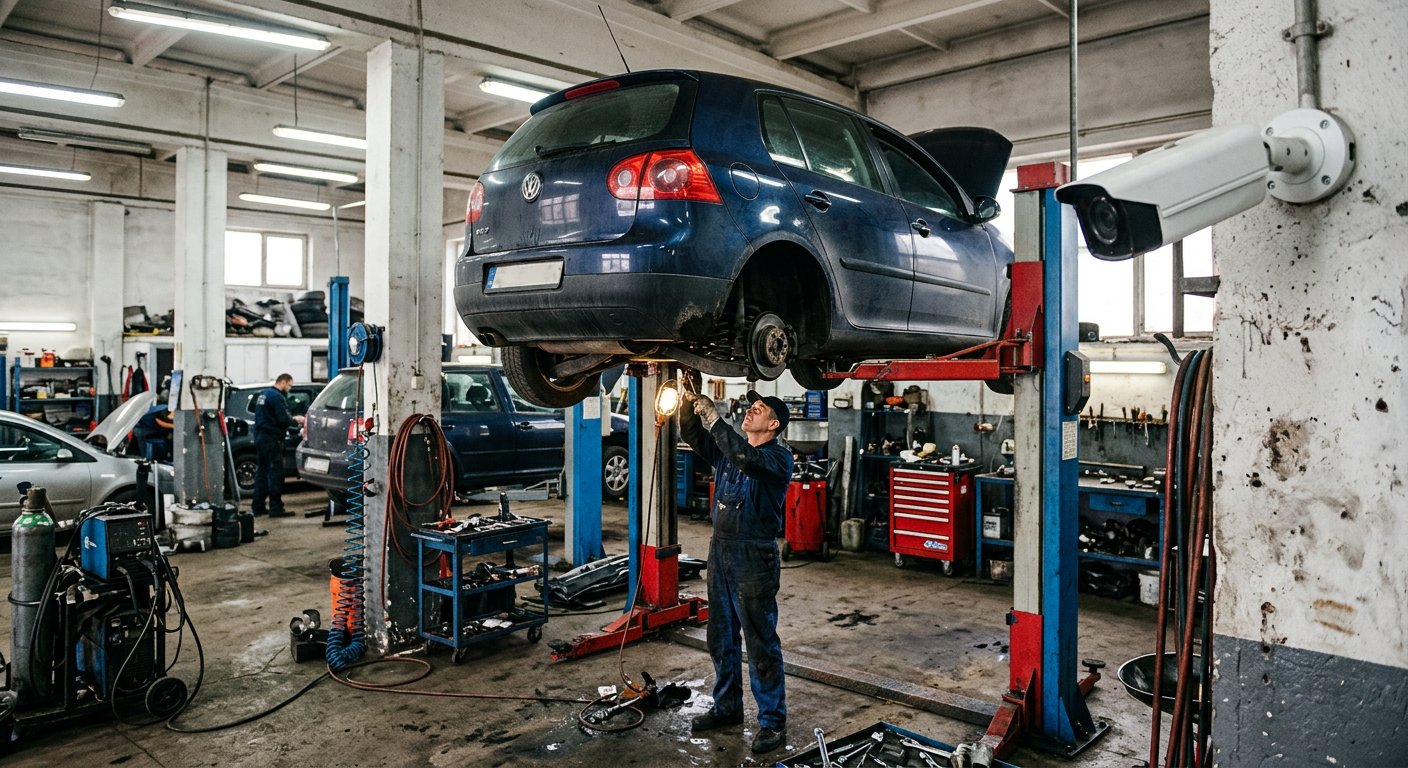 Камера видеонаблюдения на рабочем посту автосервиса: автомобиль на подъёмнике
