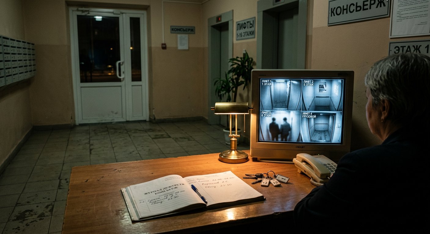Консьерж наблюдает за камерами лифтов на мониторе