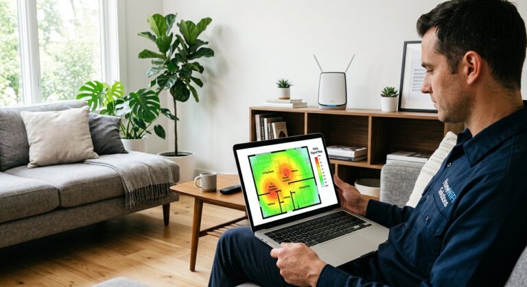 Настройка и усиление Wi-Fi в доме и квартире Специалист замеряет сигнал Wi-Fi по карте покрытия в гостиной